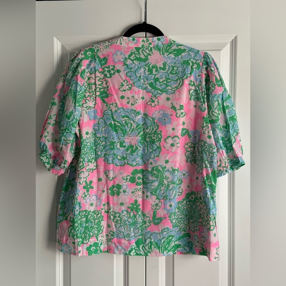 Lilly Pulitzer Brinelle Plumes In Bloom Notch Neck Elbow Puff Sleeve Blouse NWT - Picture 2 of 3